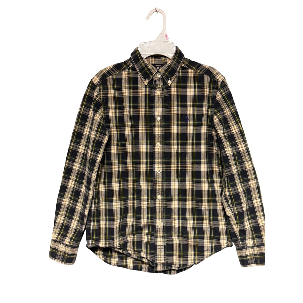 Polo Ralph Lauren Kids Plaid Button Down Shirt Green Navy Yellow Size M 10-12
